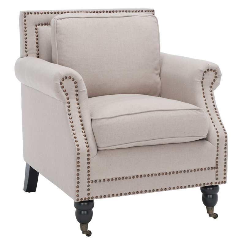 Upholstered Armchair, Taupe with a Brass Nailhead, Beige Linen