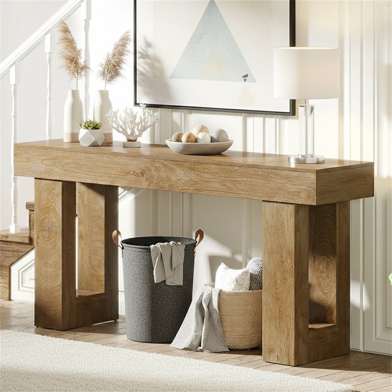 Wooden Sofa Table, 63-Inch Console Table For Entryway, Natural
