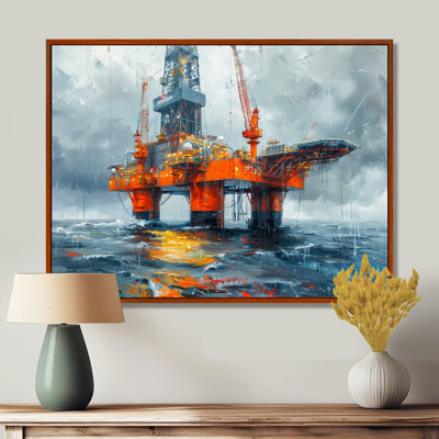 Grey Orange Summer Oil Rig In Ocean - Oil Rigs / Fields Wall Art