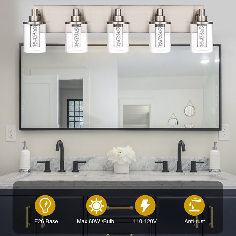 Vanity Light (5-Light), (3000K/3500K/4500K/5000K/6000K, Dimmable), Eye Protection LED Bathroom Light Fixture, Modern Wall Light Over Mirror With Clear Glass Shade
