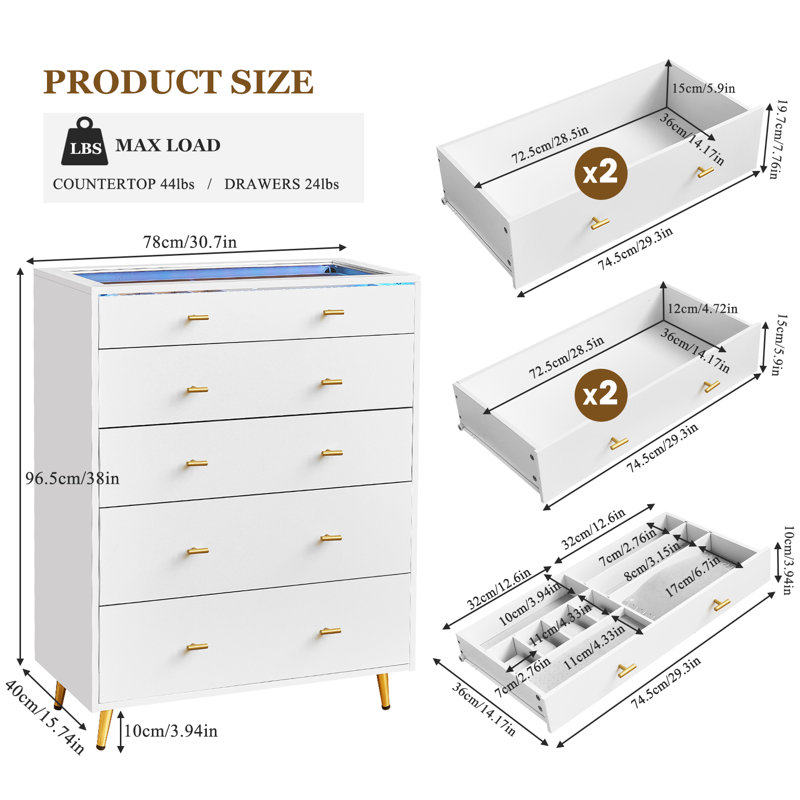 30.7"W 5 Drawer Dresser with LED Lights, 39"H Tall Chest Of Drawers For Bedroom & Wardrobe Closet Island With Tempered Glass Top & Jewelry Dresser & Glass Dresser, White
