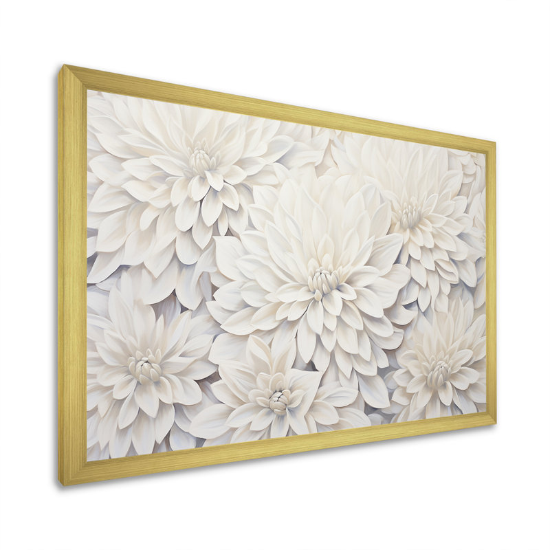 «White Dahlia Charm Collage», art mural Dahlia, H 34 po x l 44 po x P 1,5 po, Cadre doré simple