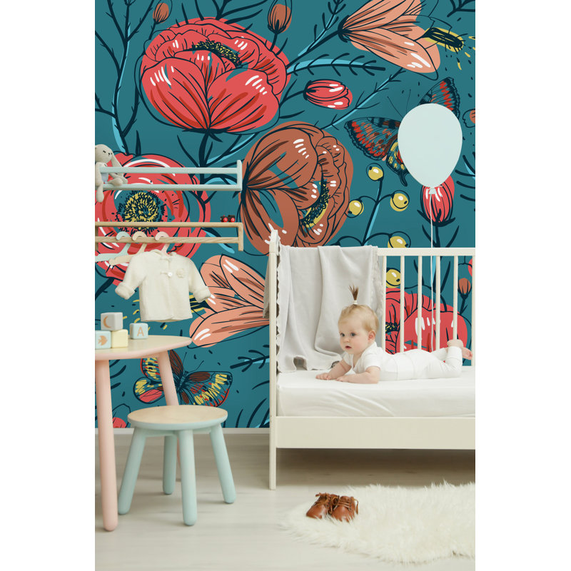 Murale 4 pièces kurten roses et papillons, L 8,33 pi x l 100 po