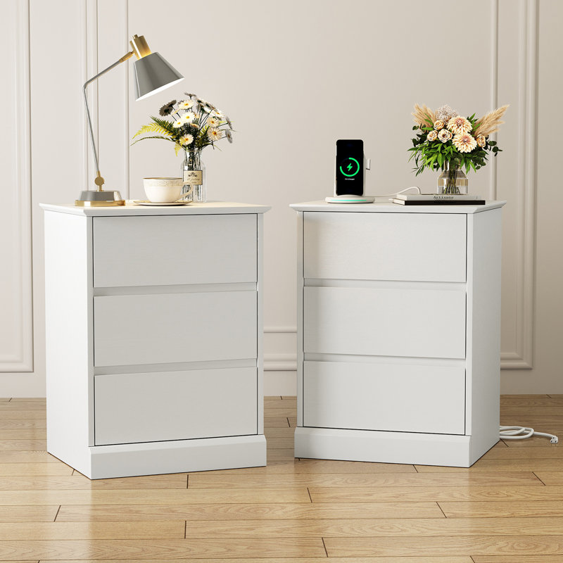 Dornisha 17'' W Solid Wood Nightstand, 3 Drawer Nightstand With Charging Station(Set Of 2), Set of 2, White