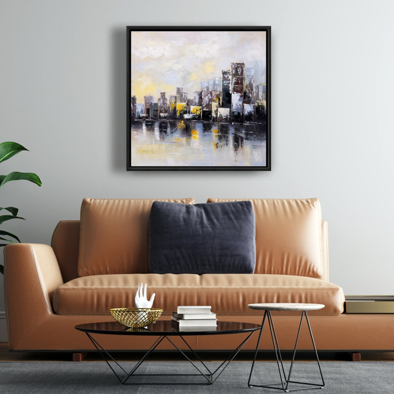 Toile jaune pour chambre de construction | Ville abstraite le matin