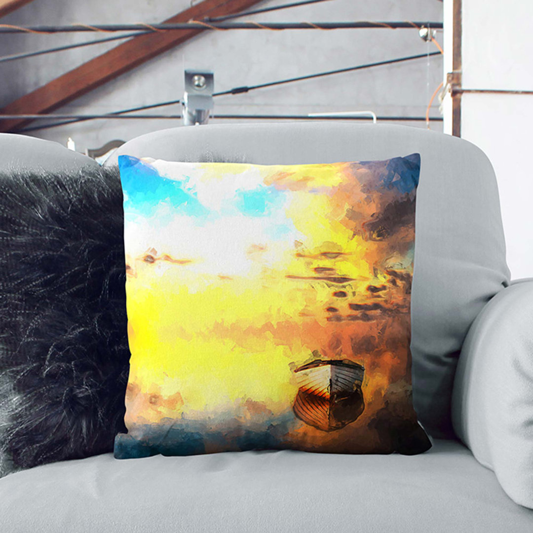 Boat upon a Lake During Sunrise in Abstract Cushion with Filling