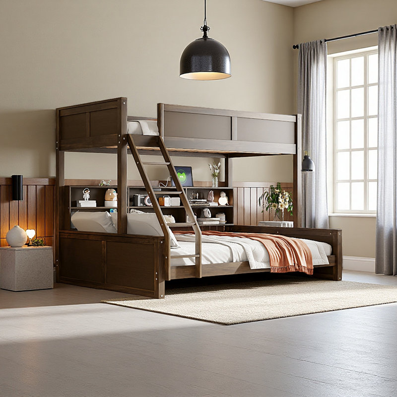 Lit superposé avec armoires de rangement et ports USB, Simple TG sur grand, Bois antique