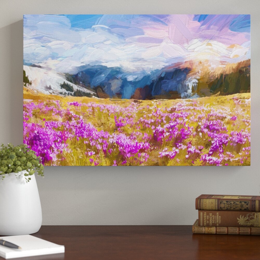 Leinwandbild "Berglandschaft mit Regenbogen und Krokussen", Grafikdruck