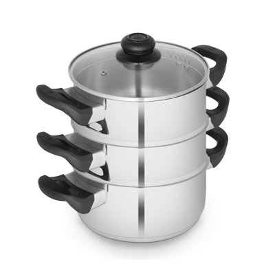 Swan SWPS5026 Townhouse 18cm 3 Tier Stainless Steel Steamer with Glass Lid, Suitable for All Hob Types (including induction), Dishwasher Safe, 2l