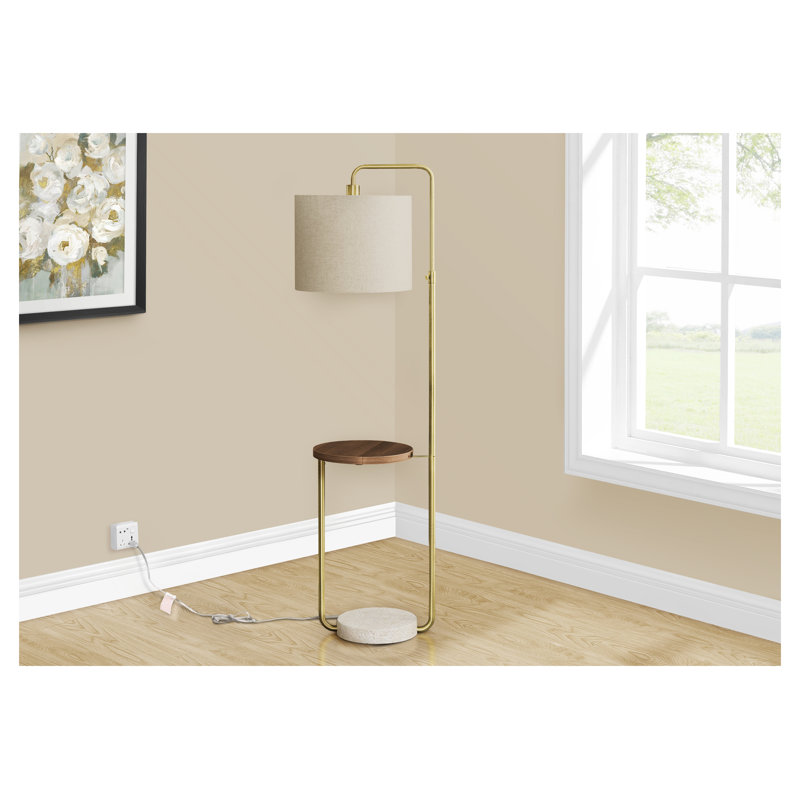 67'' Modern Floor Lamp with USB Port & Shelf, Gold Brass Finish Beige Shade, Adjustable Arm Height Contemporary Standing Lamp for Living Room Bedroom Office