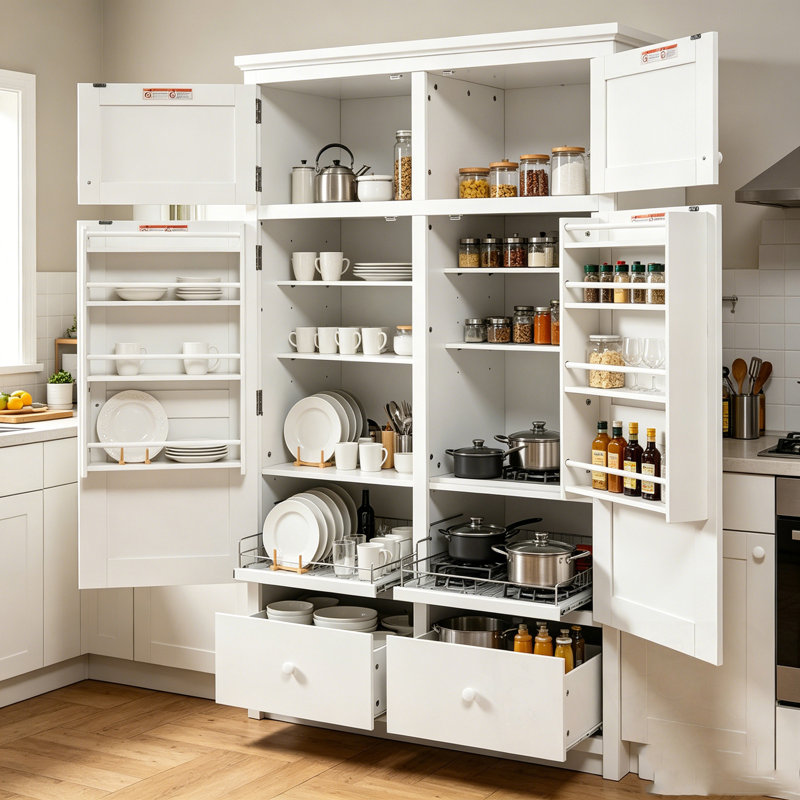 Cabine de rangement autoportante avec 8 tablettes de porte, 4 plateaux coulissants et 6 tiroirs, Blanc