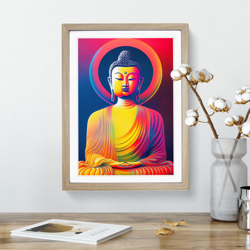 Colourful Buddha No.1 - Single Picture Frame Print, 64cm H x 46cm W x 2cm D, Oak Framed