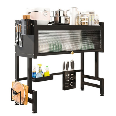 3-Tier Over the Sink Dish Drying Rack, Kitchen Dish Drainer Rack Organizer with Cover, Utensil Holder, Storage Basket, Cutting Board Holder, 6 Hook, for Drying Bowls Plates Cups