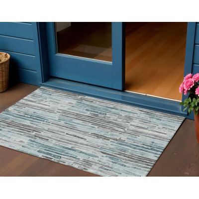 Tapis bleu sarcelle à rayures 3 pi x 5 pi bleu et gris