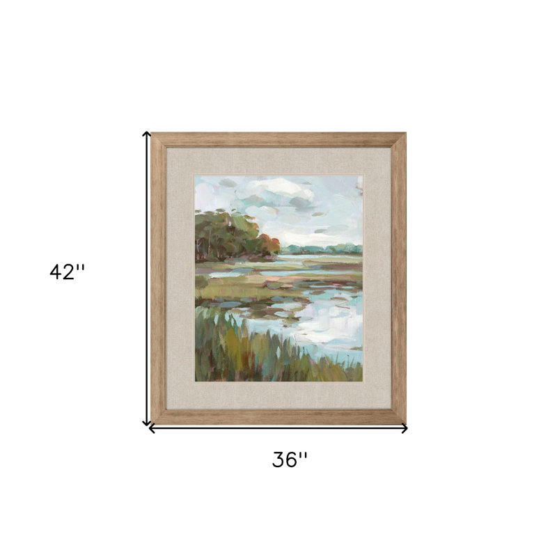«Riverside View Watercolor Waterscape», art mural encadré