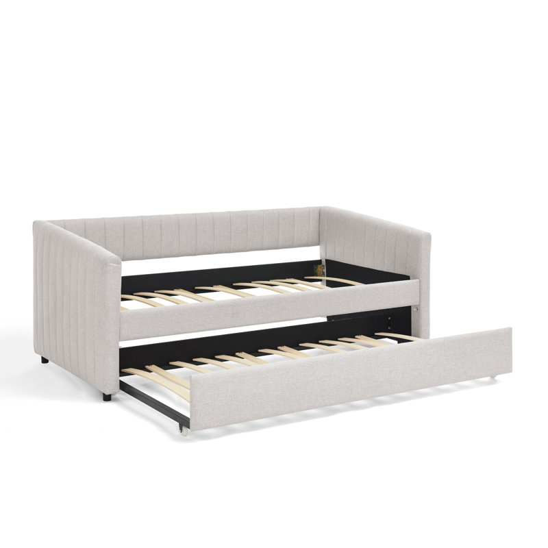 Lit de jour simple avec canapé-lit tapissier, avec rayures verticales, tissu en lin, beige