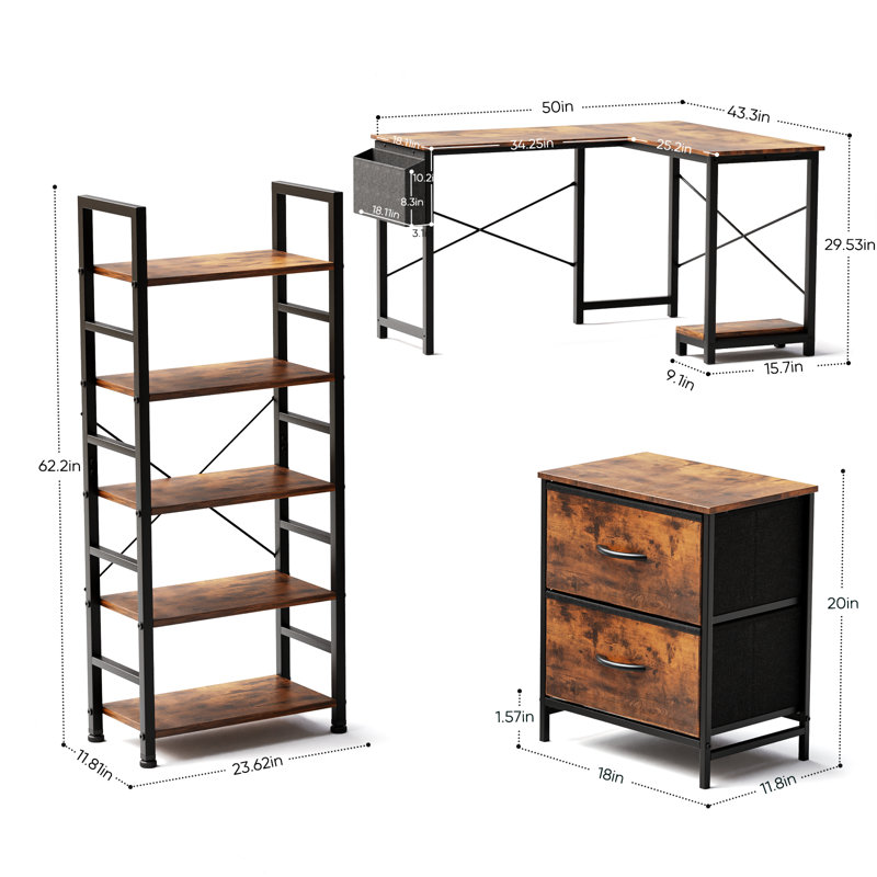 L-Shaped Desk With 23.62" W Shelving Unit + Jaece 2-Drawer Dresser – Space-Saving Office And Bedroom Furniture Set, Rust