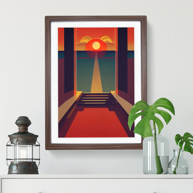 Deco Sunset No.3 - Framed Print, 34cm H x 25cm W x 2cm D, Walnut