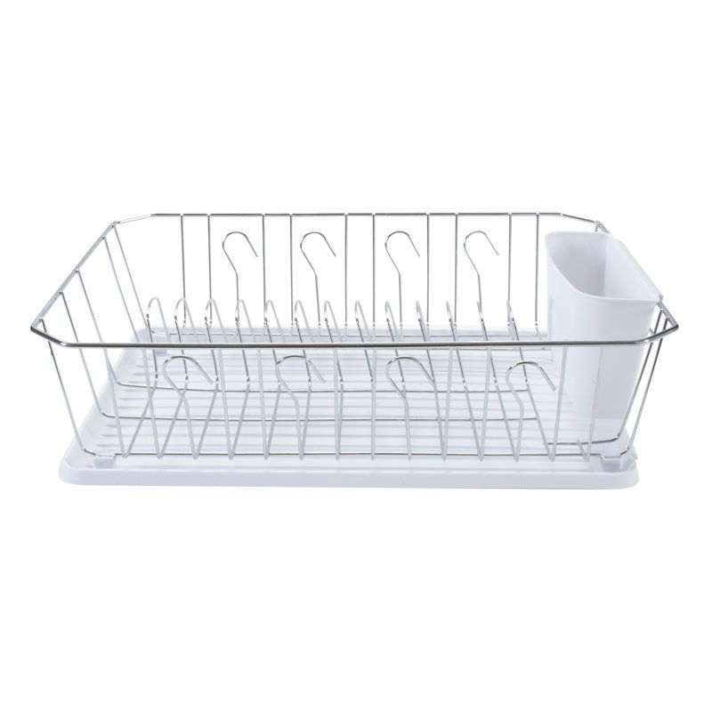 Chrome Foldable Dish Rack with Utensil Cup in White