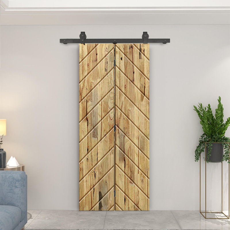 Porte de grange pliante en bois de pin teinté avec quincaillerie coulissante, Chêne vieilli, 38 po x 84 po