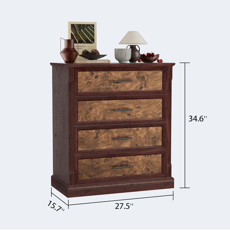 Commode haute marron de style ferme à 4 tiroirs pour chambre à coucher moderne, Brun