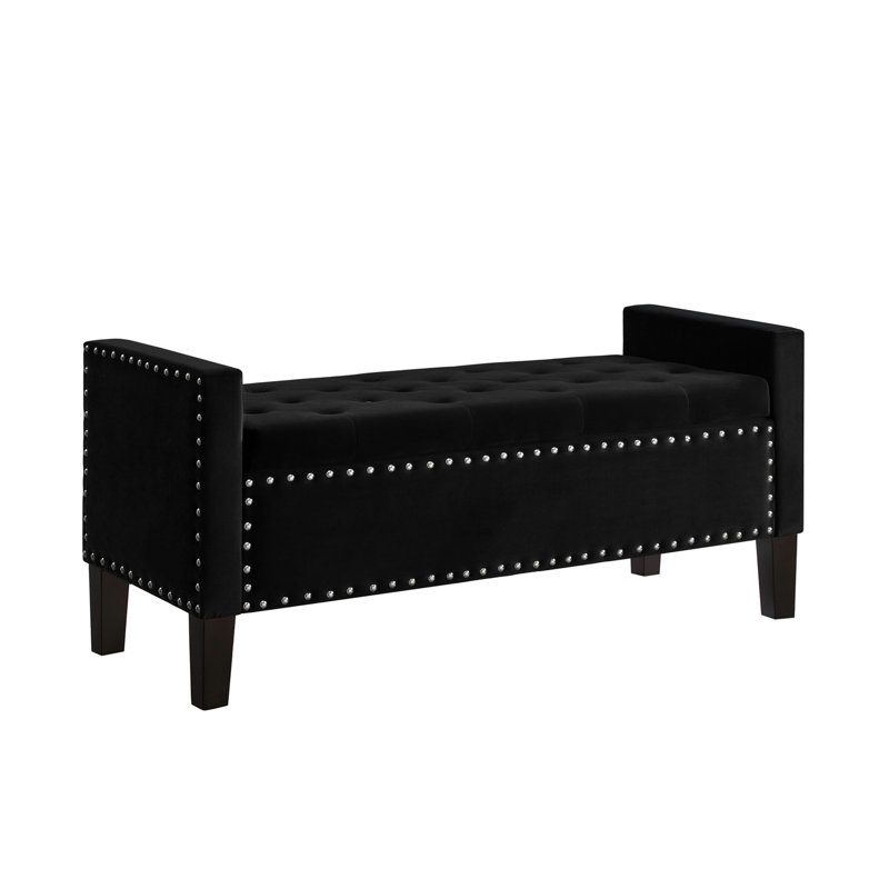 Banc rembourré capitonné avec rangement à boutons et garniture cloutée, siège de salon rembourré avec accoudoirs, banc de lit