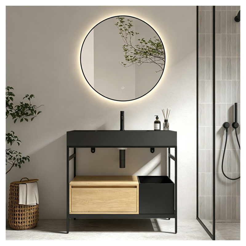 Meuble-lavabo modulaire industriel 36 po avec comptoir en quartz, tiroir à fermeture en douceur et barre à serviettes réglable FORTE de FORTE