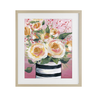 Printemps des fleurs dans un vase rayé, reproduction encadrée sous verre, design par Yvette St. Amant