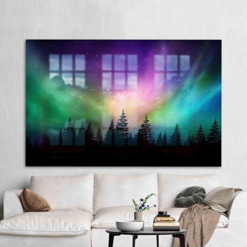 Art mural en verre inspiré des aurores boréales mettant en vedette un espace de ciel naturel pour une mise en valeur élégante et un design intérieur unique