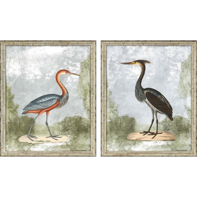 Ensemble de deux grues II, reproduction d'art encadrée argentée