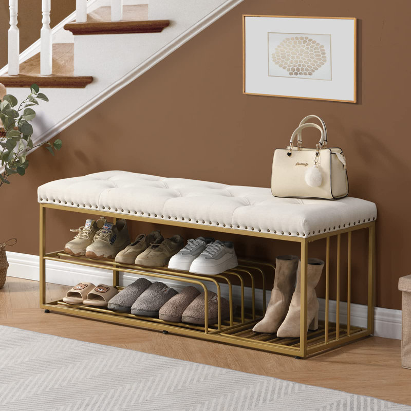 Banc de rangement rembourré avec structure en métal Muammar, Beige