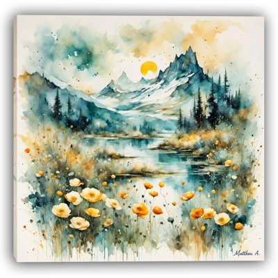 Golden Peaks and Meadow Blooms- Wrapped Canvas Wall Art