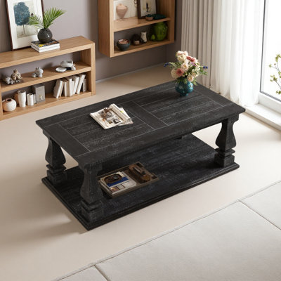 Table basse de style campagnard, avec plateau en planches lourdes et pieds de balustre carrés, longue table de salon rustique de 47,24 po