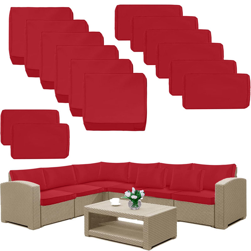 14 Pack Outdoor Cushion Covers Set, Waterproof Patio Cushion and Pillow Replacement Slipcovers for 7-Piece 6-Seater Wicker Rattan Outdoor Furniture Sofa (Covers Only)
