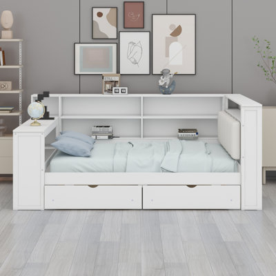 Lit plateforme en bois avec tablettes de rangement, tiroirs, station de charge, DEL, bureau et tête de lit tapissier