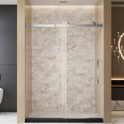 Single Sliding Shower Door In American Design For Bathroom, 56 - 60 "w X 76" H, 1/4" 6 Mm Clear Tempered Glass, Proof Film, Stainless Steel Square Tube Track And Handle Brushed Nickel, Large Wheels