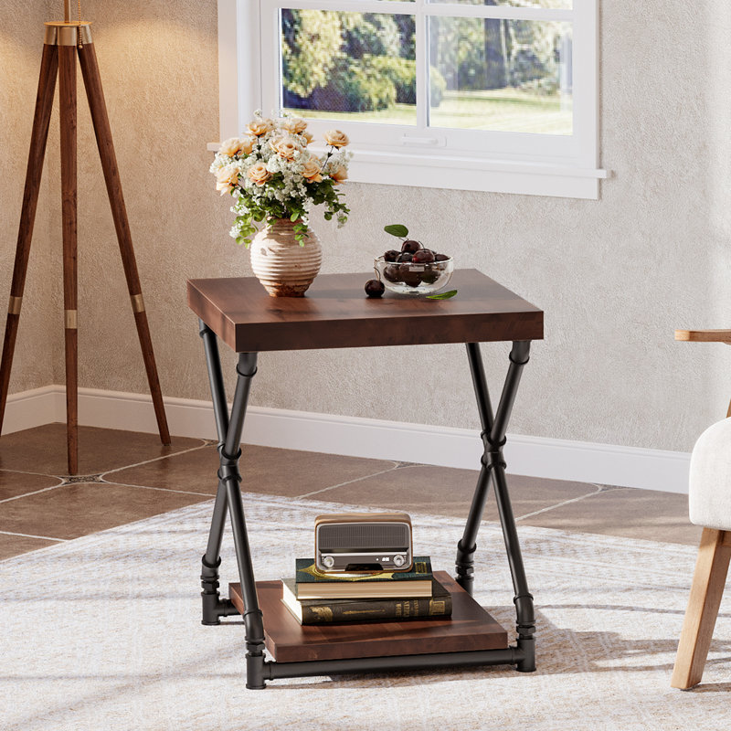 Solid Wood End Table Set of 2, Side Table with Storage Shelf