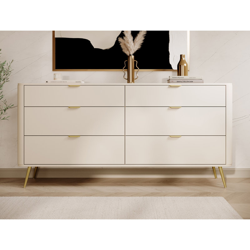 Oval Sideboard With Six Drawers Beige, 83.6cm H x 171.7cm W x 38cm D 