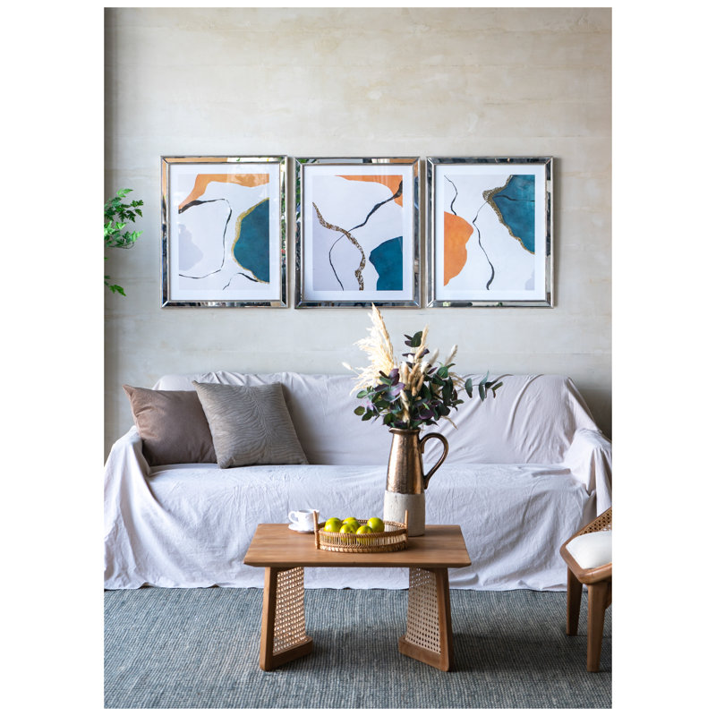 Ensemble d'art mural encadré en miroir Marcia, ensemble de 3 - abstrait multicolore sur panneau de fibres à densité moyenne (22 po x 26 po chacun)