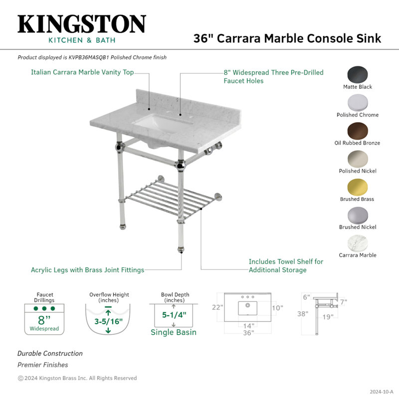 Kingston Brass Templeton 36-Inch Carrara Marble Console Sink with Acrylic Legs and Shelf (8-Inch, 3-Hole)