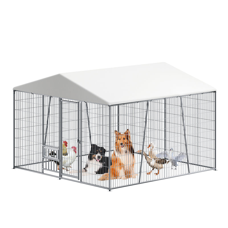 Niche pour chien robuste d'extérieur de 10 pi x 10 pi avec dessus imperméable, verrou de clôture sécuritaire, conception modulaire, bol d'alimentation réglable, cadre stable, durabilité à long terme, toit couvert de pluie de 120 po de largeur,