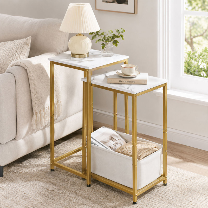 Set of 2 Nesting Faux Marble End Tables, Stacking Side Tables with Fabric Storage Basket, Gold and white