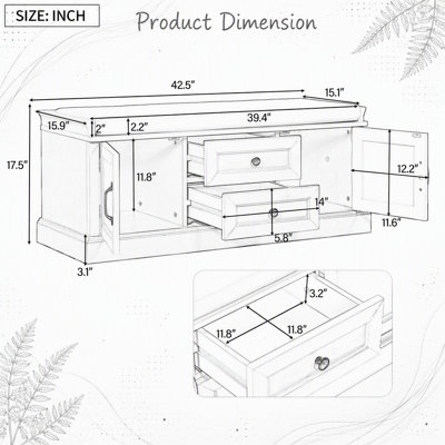 Banc de rangement avec 2 tiroirs et 2 armoires, banc à chaussures avec coussin amovible pour le salon, vestibule