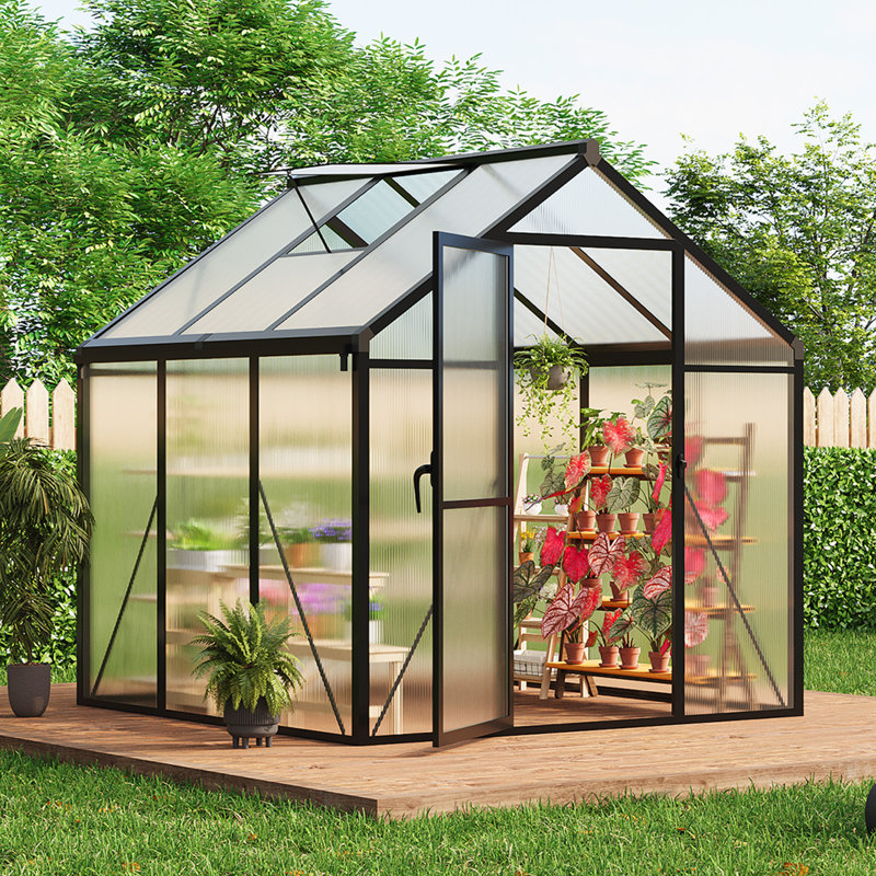 Black 6x6 Ft Polycarbonate Greenhouse Sunroom with Aluminum Frame, Lockable Door and Adjustable Roof Vent for Vegetables, Herbs and Flowers