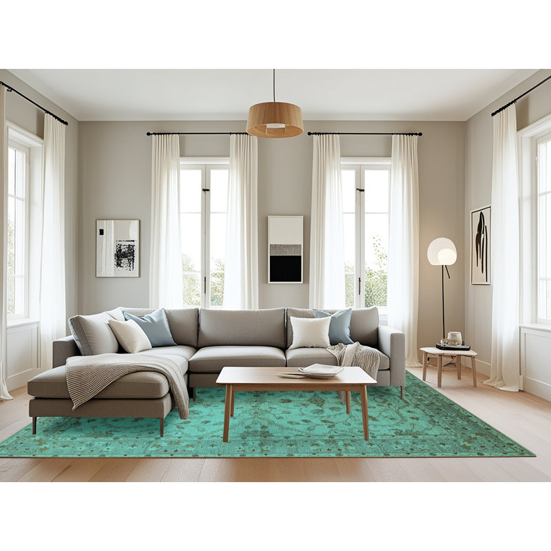 Tapis oriental en laine / polyester tissé à la machine en turquoise / brun, Rectangle 8 pi x 10 pi