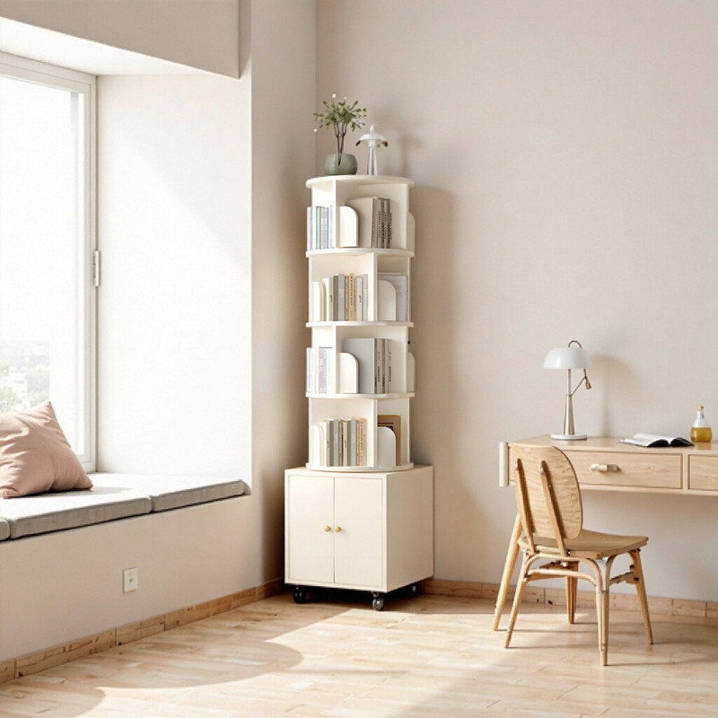 Bibliothèque rotative à 5 niveaux avec tiroir de rangement, Blanc