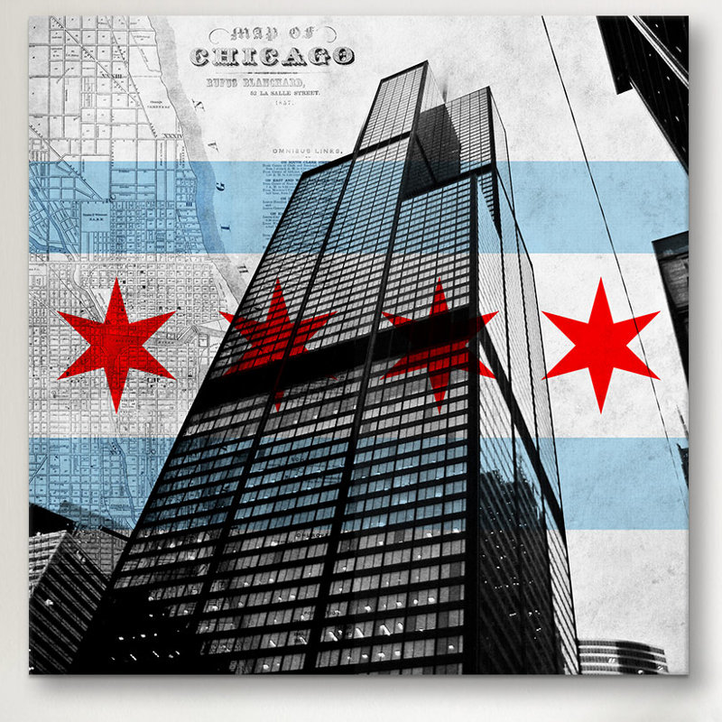 « chicago flag », tour willis (tour saisit) avec carte, impression sur toile, H 18 po x l 18 po x P 0,75 po