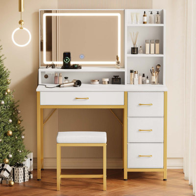 Ensemble de coiffeuse blanc et doré avec miroir et lumières DEL, 4 tiroirs, prises de courant et tabouret rembourré | Coiffeuse de maquillage pour chambre à coucher