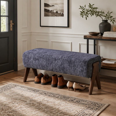 38" Blue Chenille Bench, with Rolled Arms, Brown Wood Solid Wood Legs for Bedroom Entryway Living Room