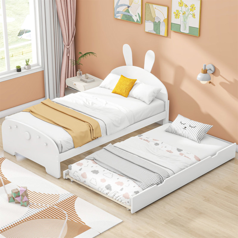 Glenda Beds, Platform Bed with Cartoon Ears Shaped Headboard and Trundle, White